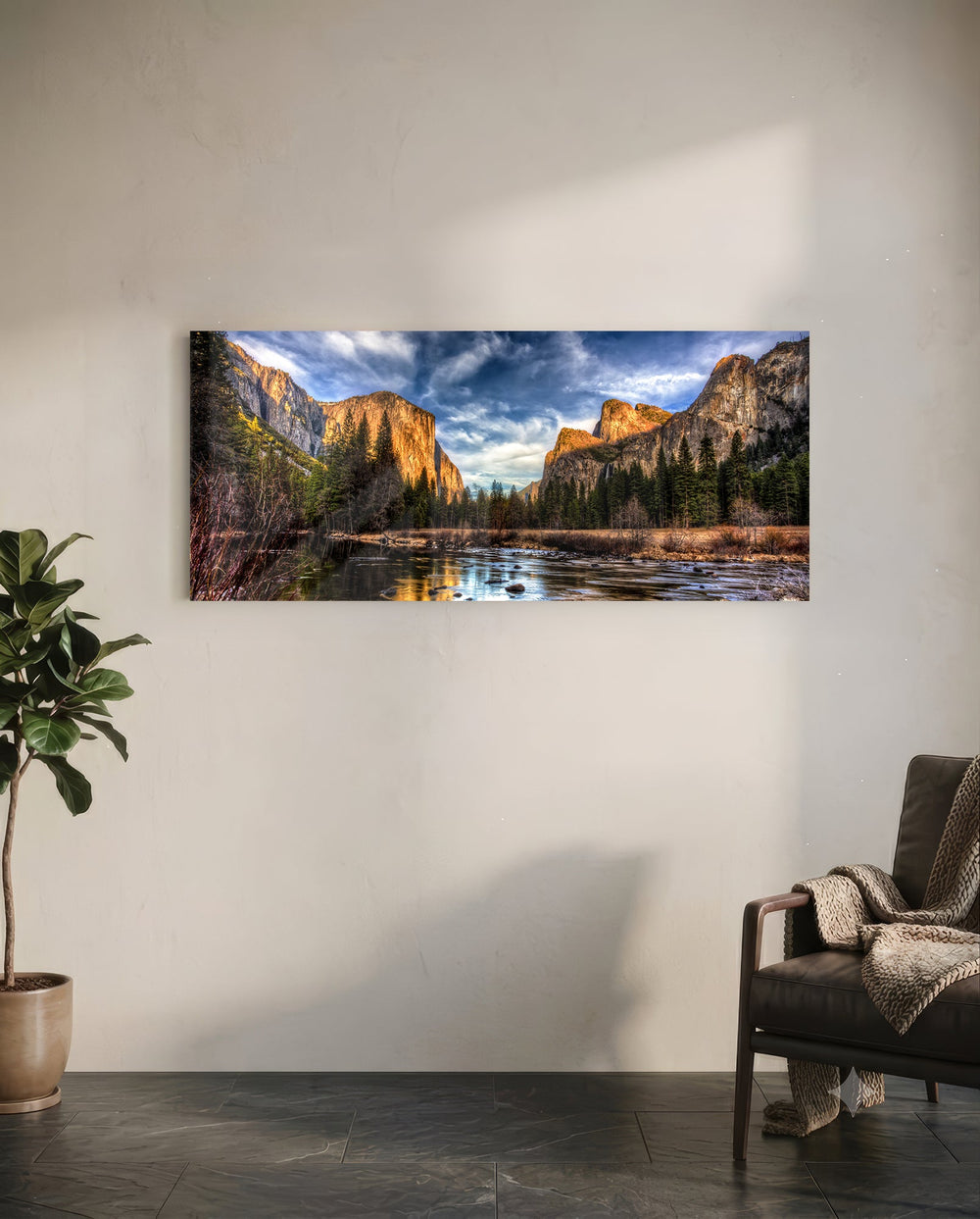 Golden Granite Cliffs River Valley Glass Wall Art lifestyle preview C
