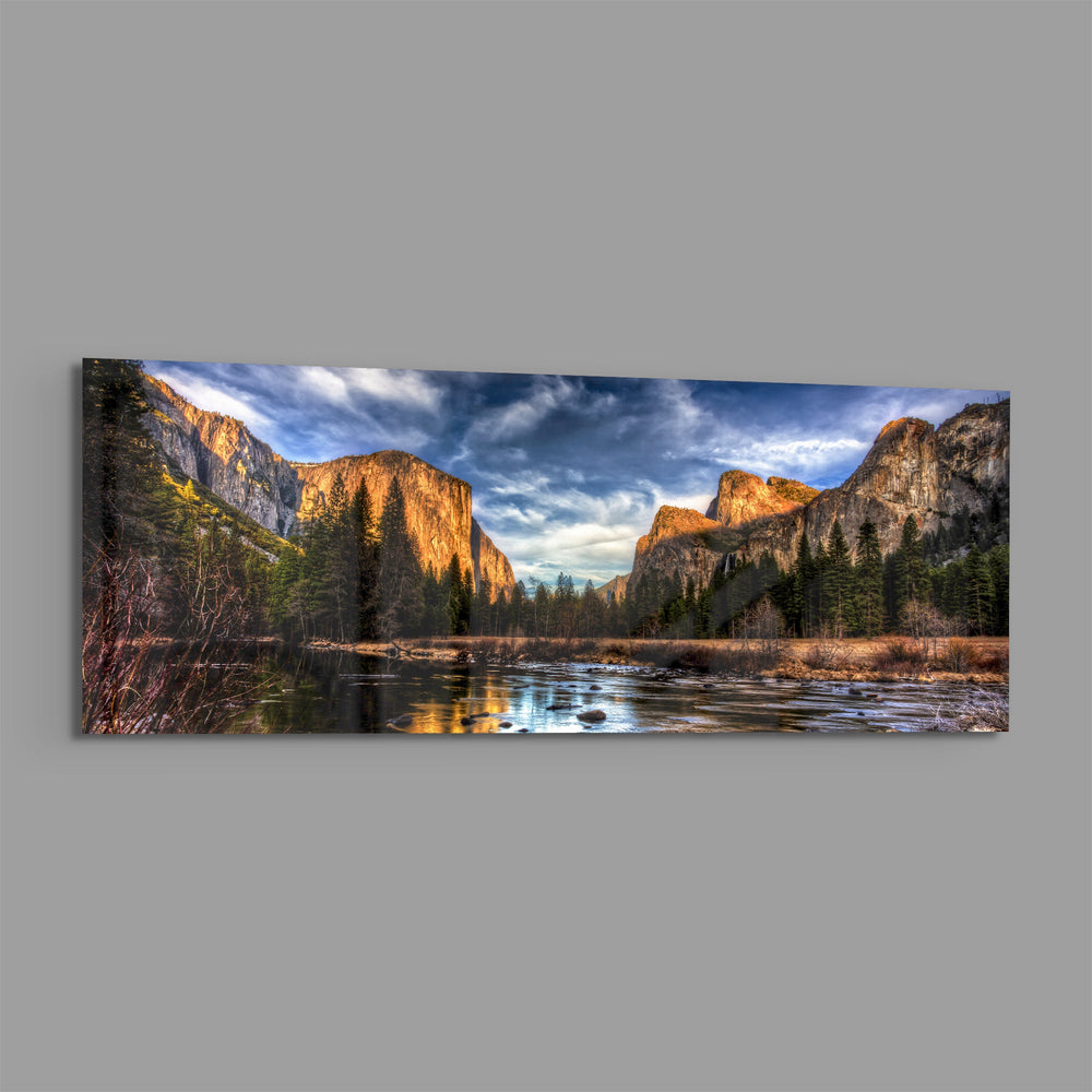 Golden Granite Cliffs River Valley Glass Wall Art lifestyle preview E