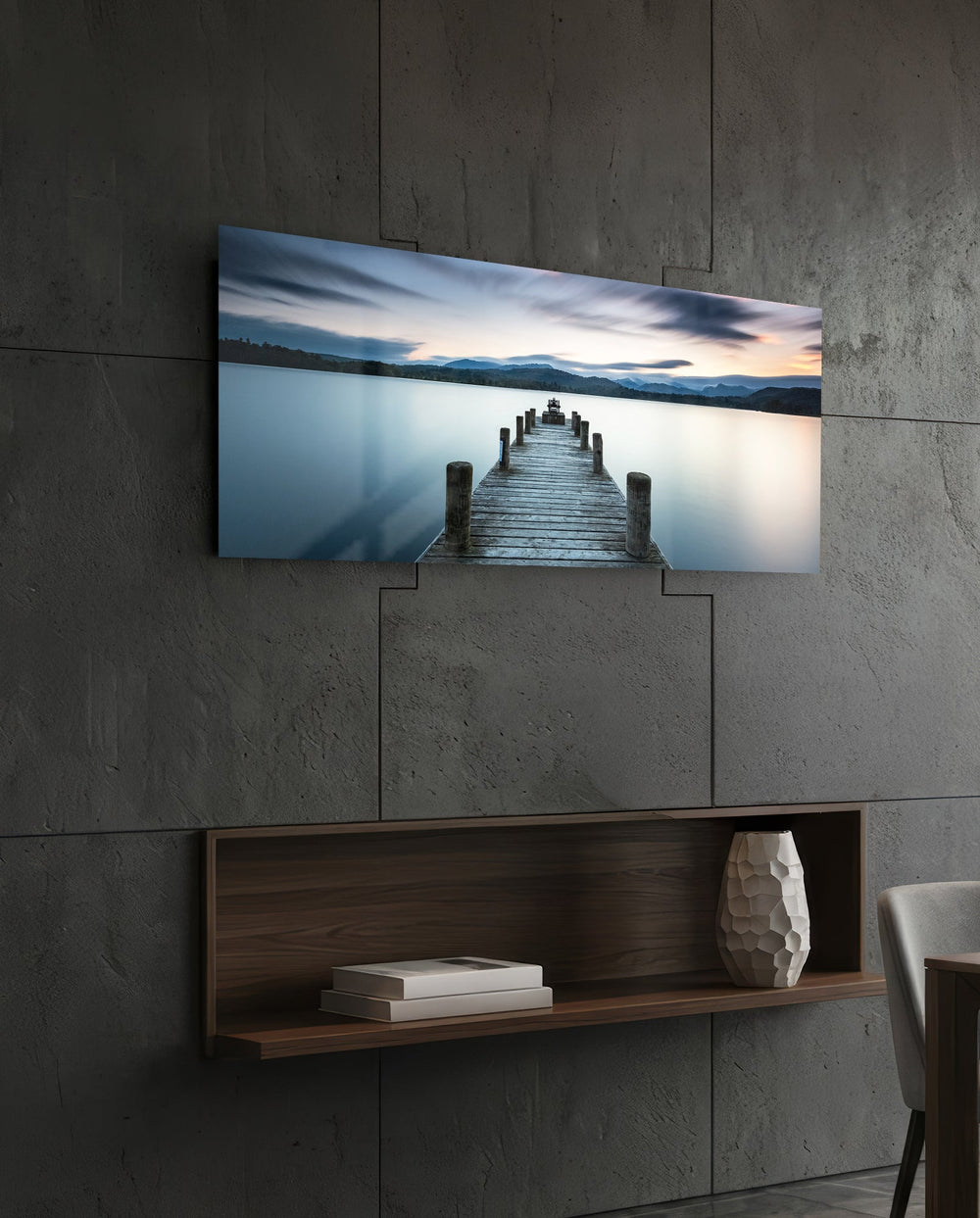 Blue Hour Lake Jetty Glass Wall Art lifestyle preview B