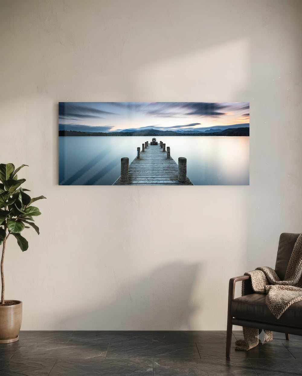 Blue Hour Lake Jetty Glass Wall Art lifestyle preview C
