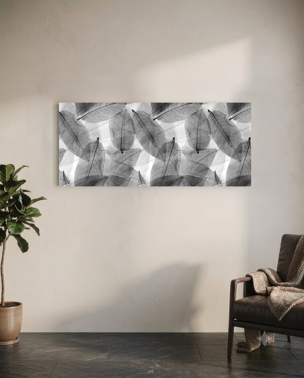 Black - White Leaves Glass Wall Art (36"x14") lifestyle preview C