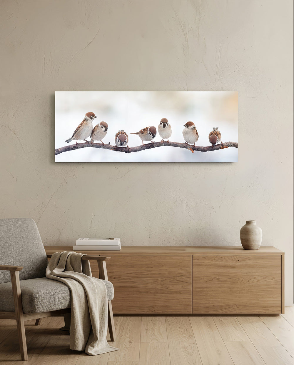 Seven Sparrows On A Bare Branch Glass Wall Art lifestyle preview A