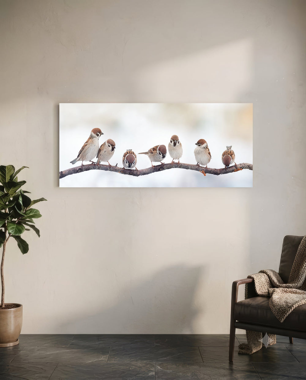 Seven Sparrows On A Bare Branch Glass Wall Art lifestyle preview C