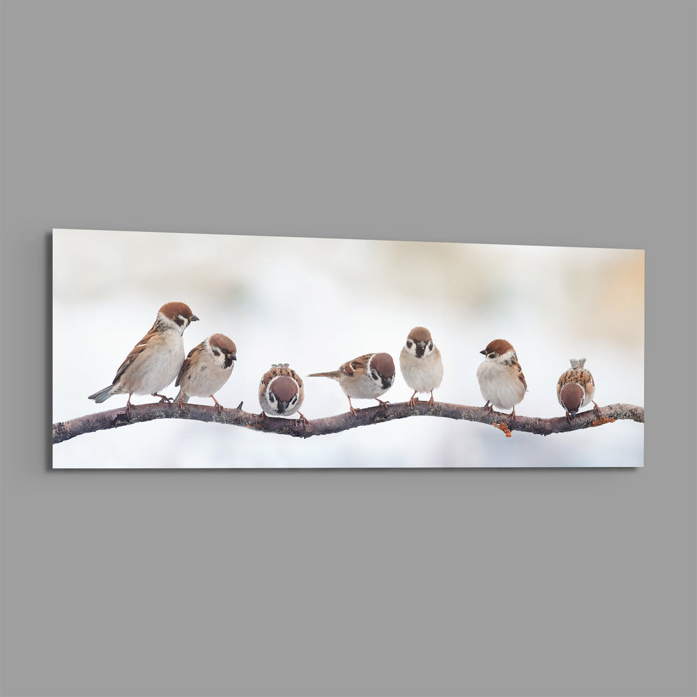 Seven Sparrows On A Bare Branch Glass Wall Art lifestyle preview E