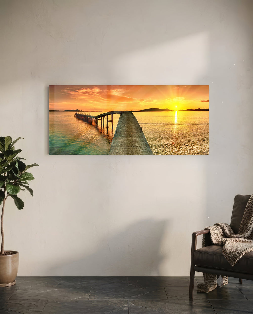 Golden Sunset Curved Pier Glass Wall Art lifestyle preview C