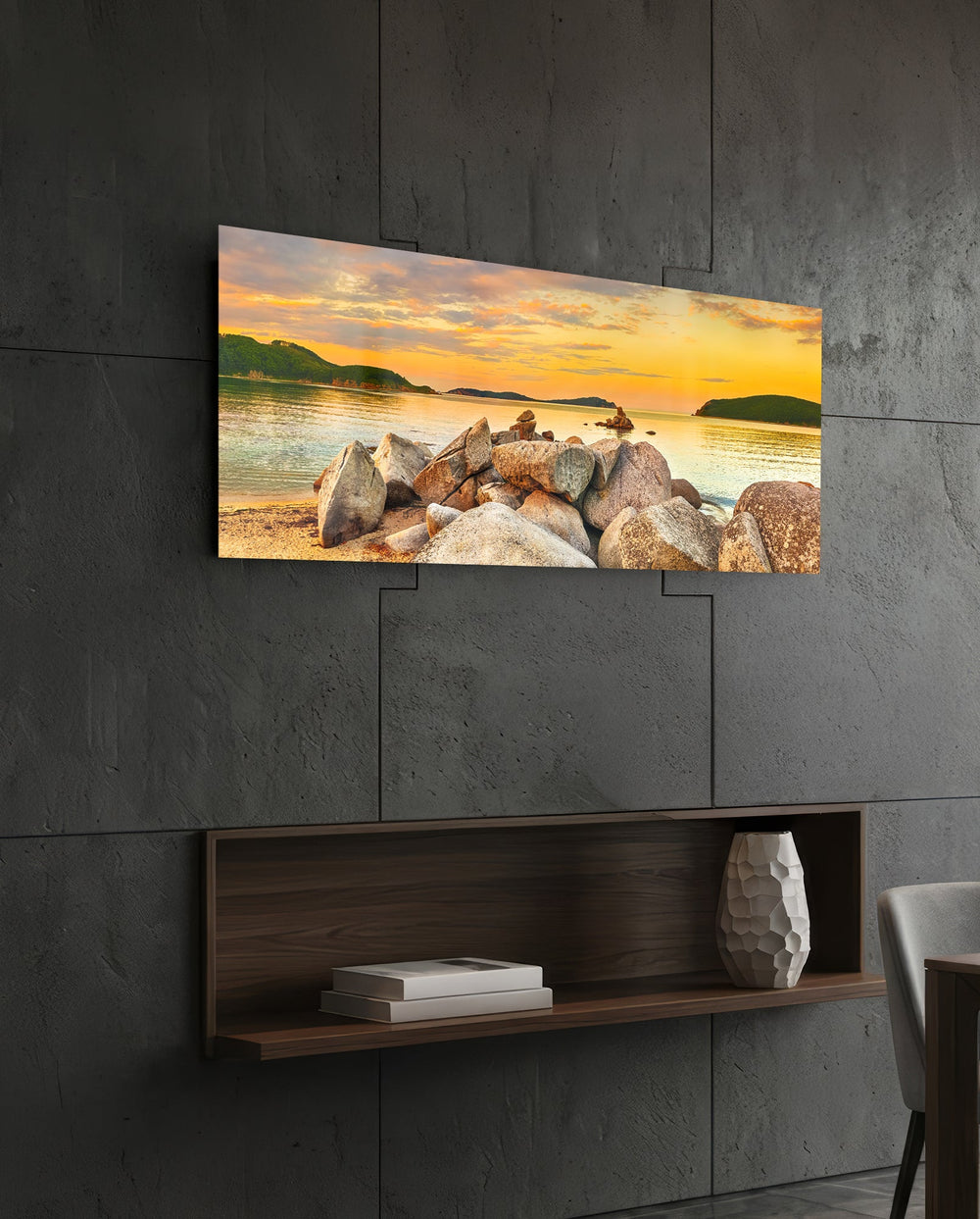 Boulder Pile Golden Sunset Bay Glass Wall Art lifestyle preview B
