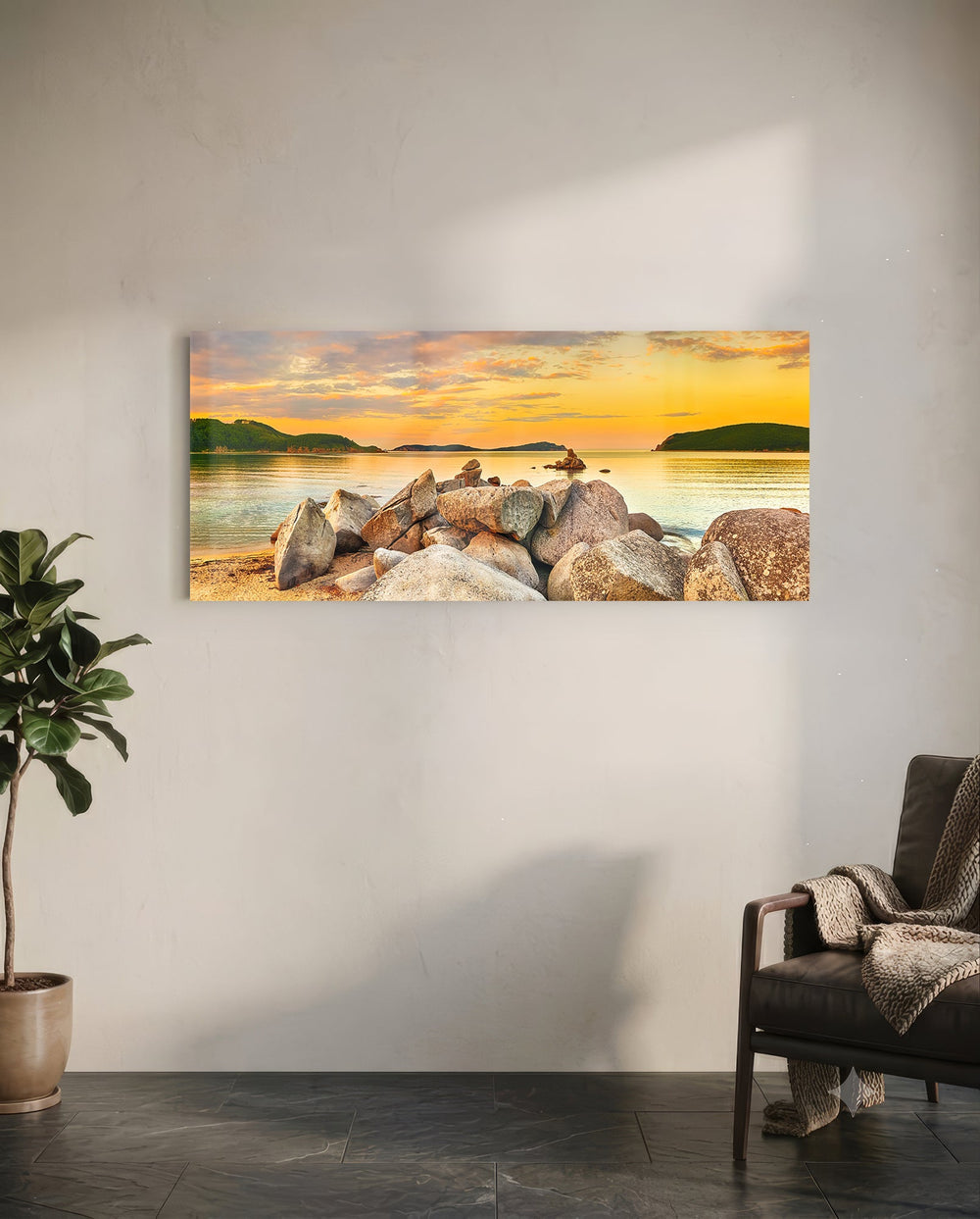 Boulder Pile Golden Sunset Bay Glass Wall Art lifestyle preview C