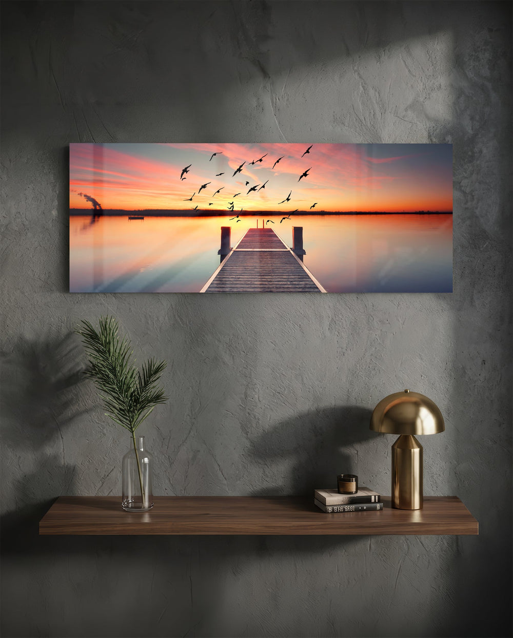 Flying Birds Sunset Pier Glass Wall Art lifestyle preview D