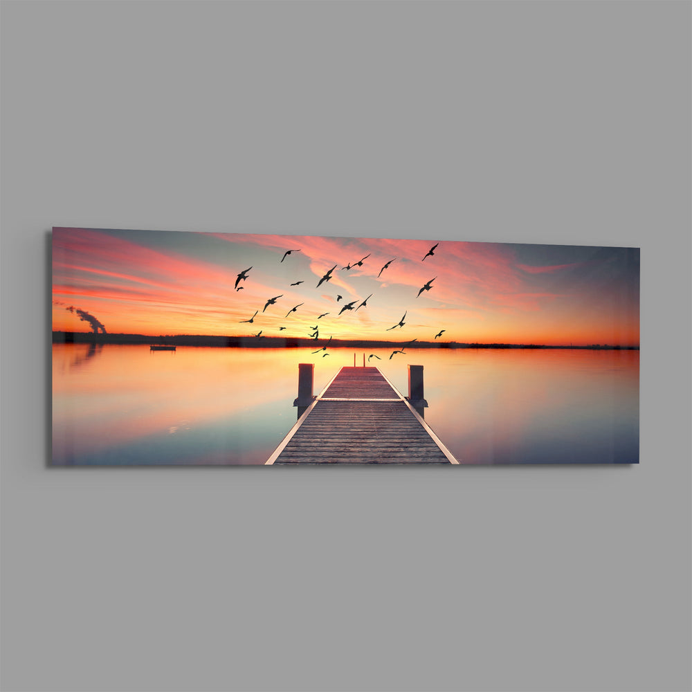 Flying Birds Sunset Pier Glass Wall Art lifestyle preview E