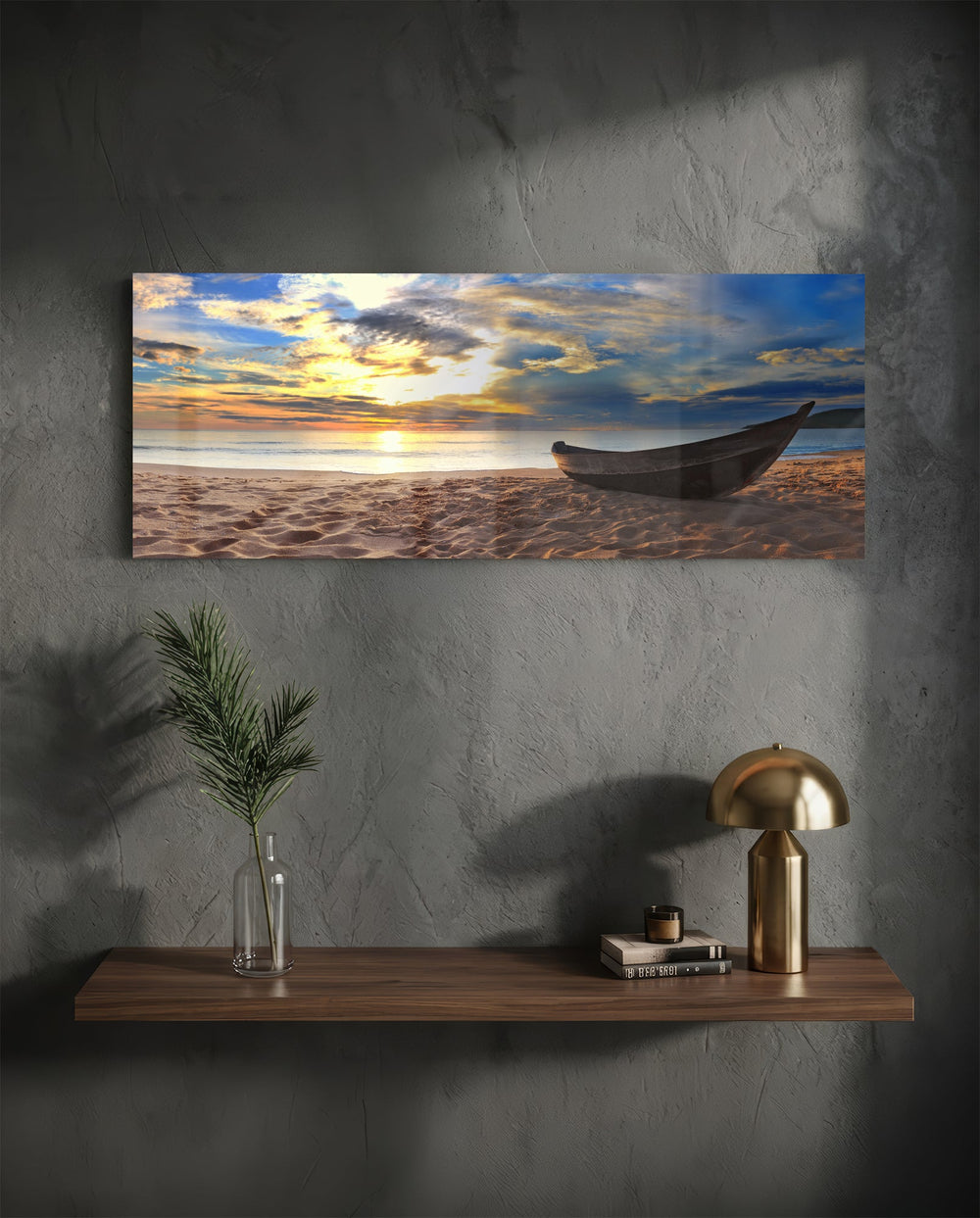 Wooden Boat Sunset Sandy Beach Glass Wall Art lifestyle preview D