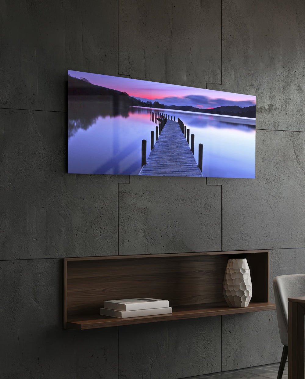 Purple Twilight Wooden Jetty Glass Wall Art lifestyle preview B