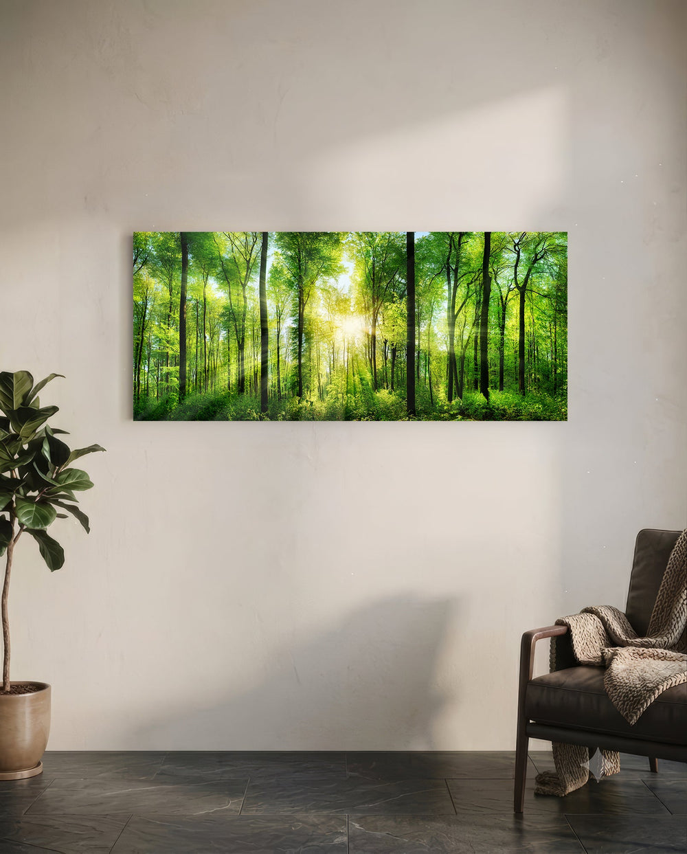 Sunburst Through Green Beech Forest Glass Wall Art lifestyle preview C