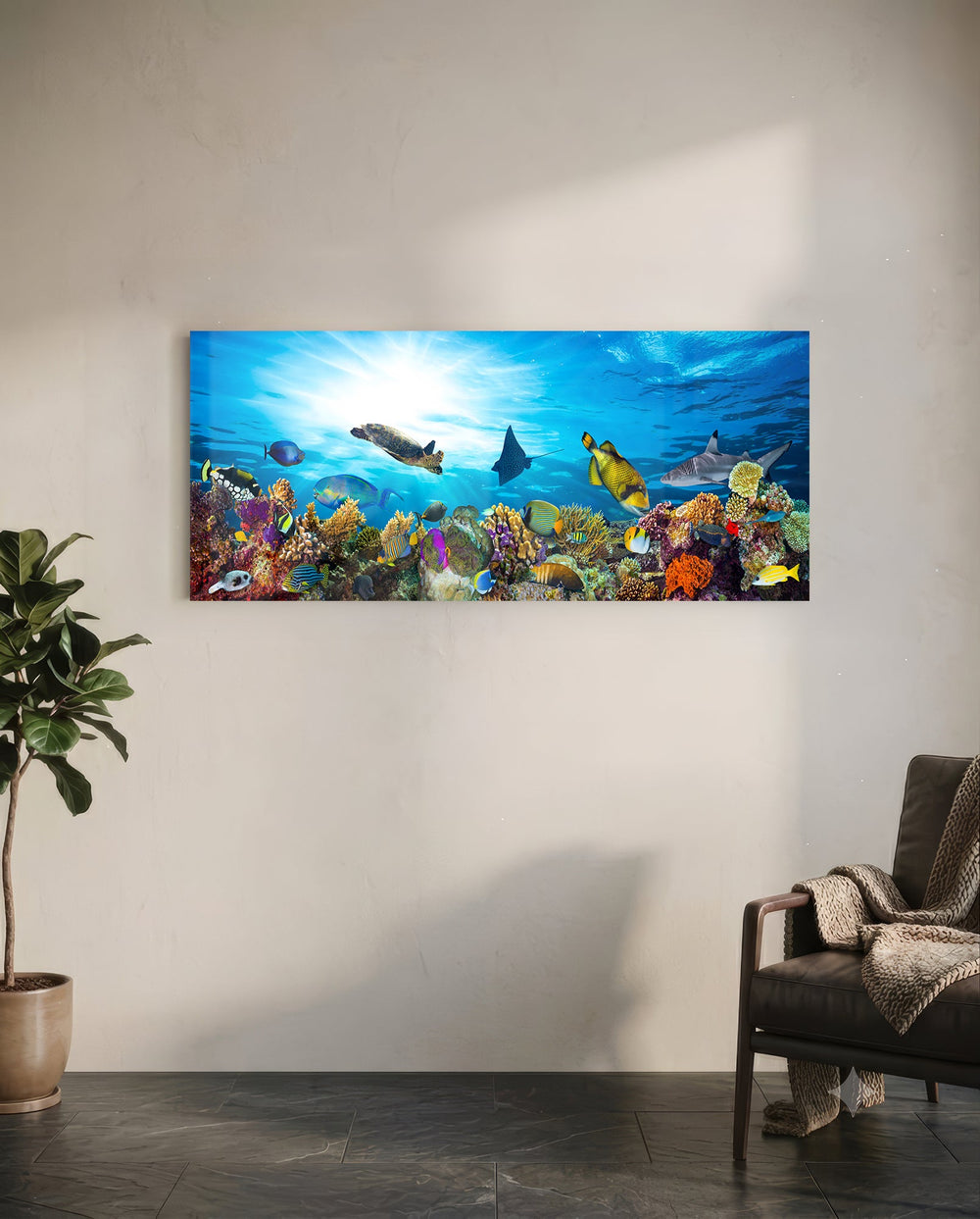 Coral Reef Turtle Underwater Sea Glass Wall Art lifestyle preview C