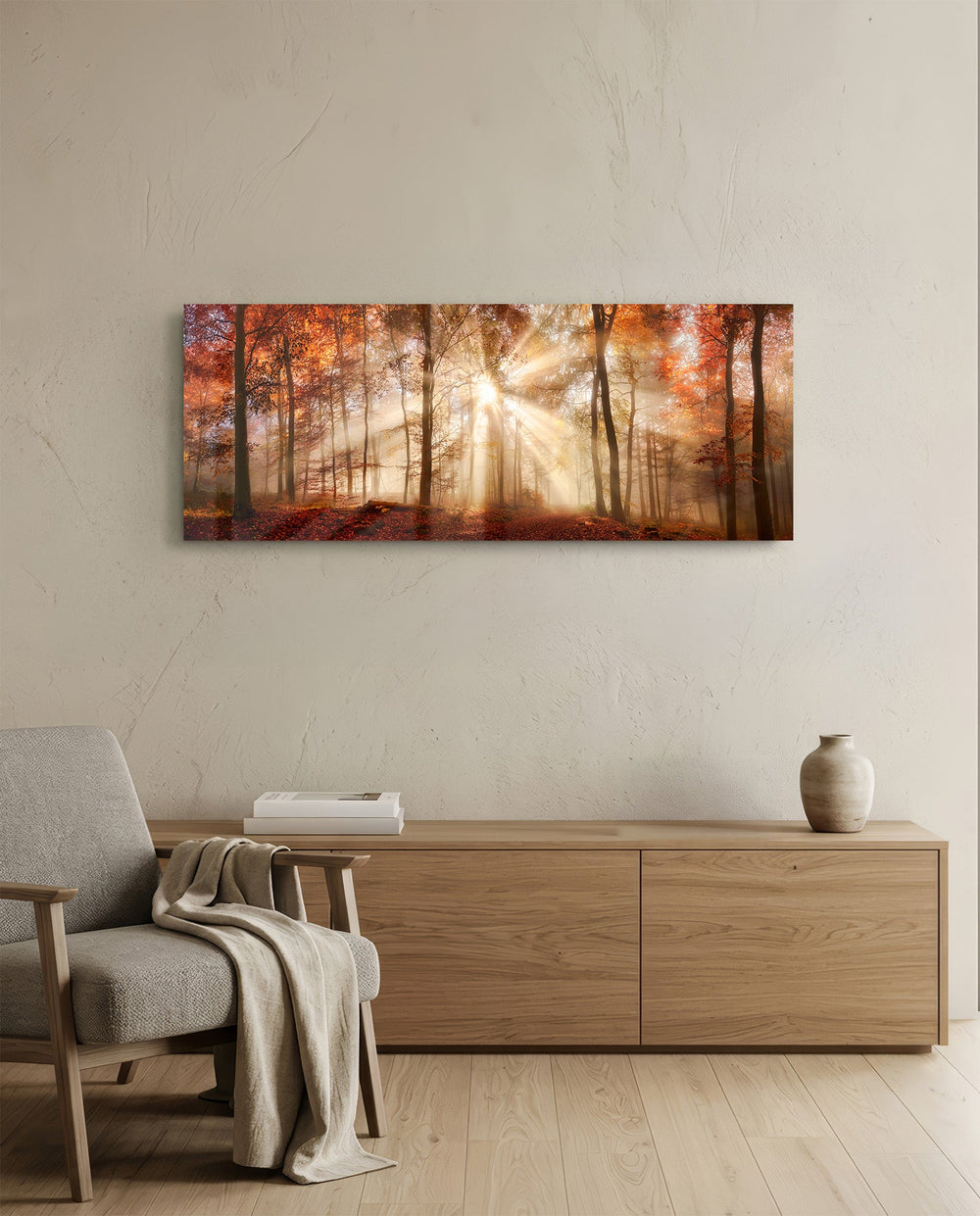 Amber Autumn Forest Light Rays Glass Wall Art lifestyle preview A