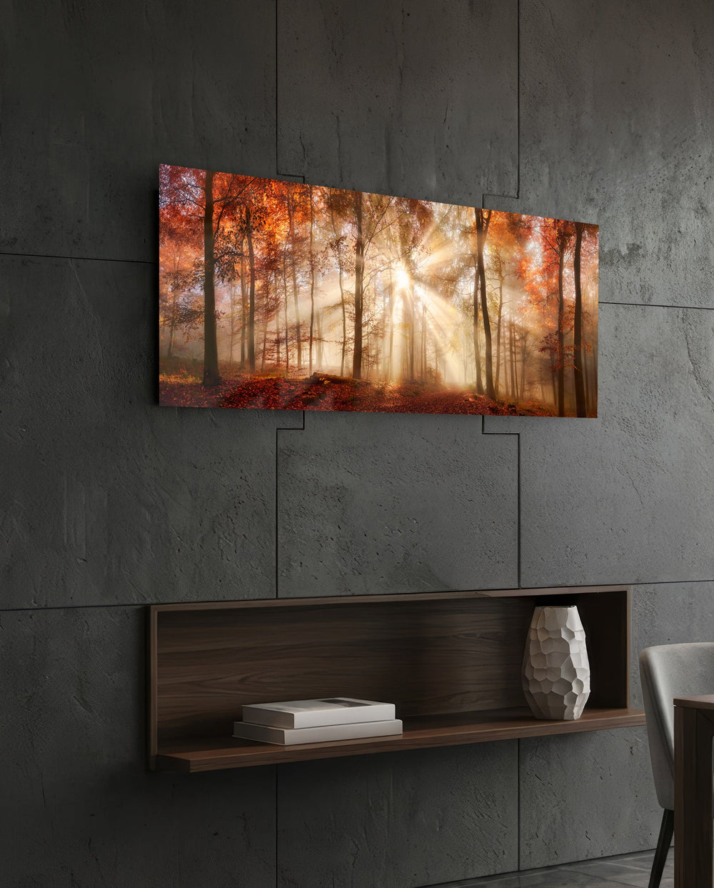 Amber Autumn Forest Light Rays Glass Wall Art lifestyle preview B