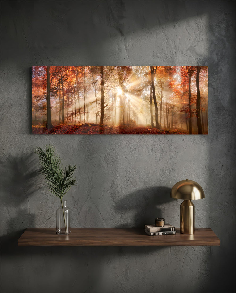 Amber Autumn Forest Light Rays Glass Wall Art lifestyle preview D