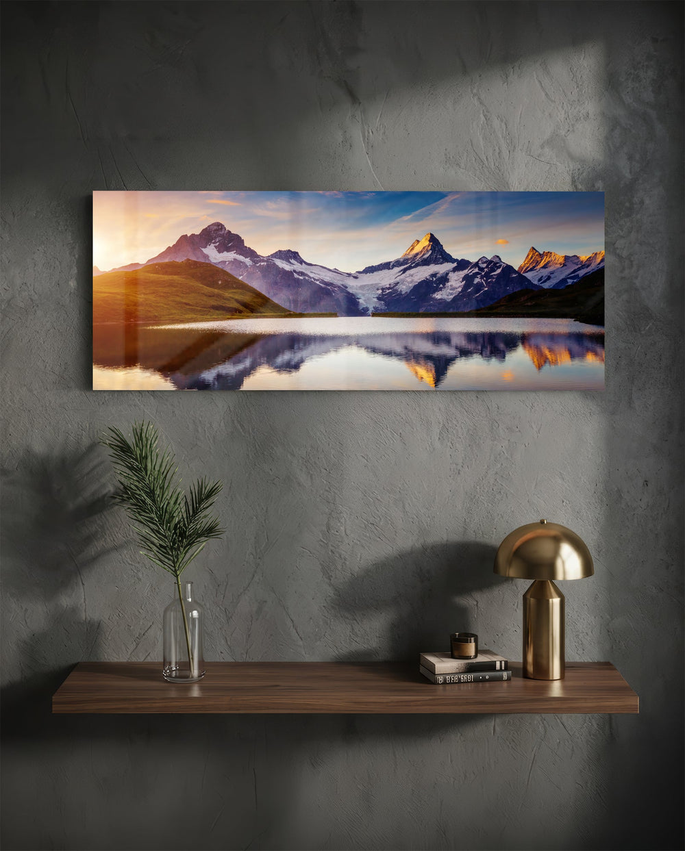 Sunrise Snowy Peaks Mirror Lake Glass Wall Art lifestyle preview D