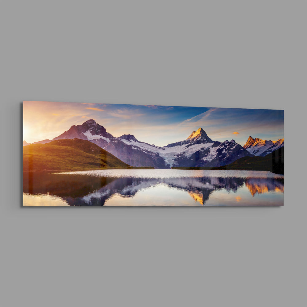 Sunrise Snowy Peaks Mirror Lake Glass Wall Art lifestyle preview E