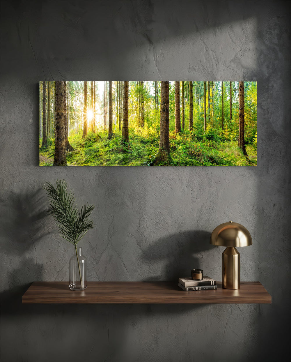 Starburst Sun Mossy Pine Forest Glass Wall Art lifestyle preview D