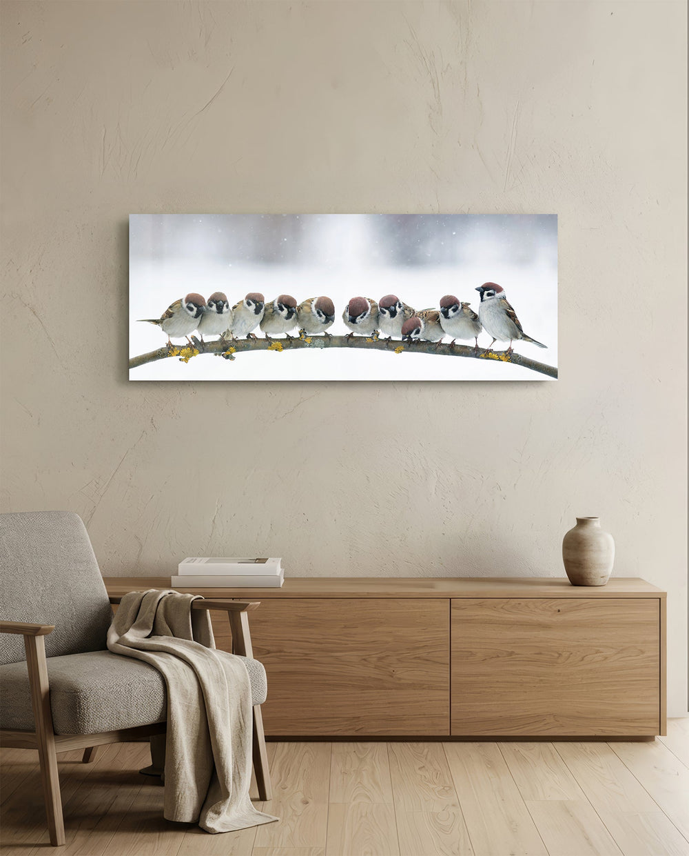 Snowy Sparrow Flock Lichen Branch Glass Wall Art lifestyle preview A