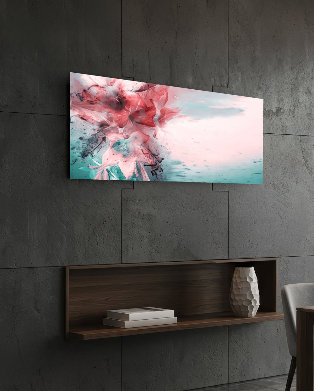 Coral And Teal Ink Burst Abstract Glass Wall Art lifestyle preview B