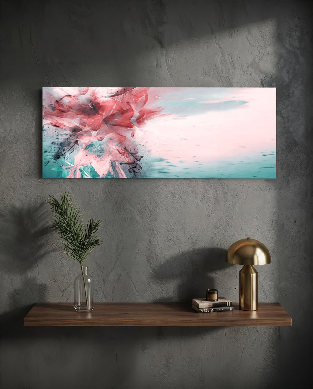 Coral And Teal Ink Burst Abstract Glass Wall Art lifestyle preview D