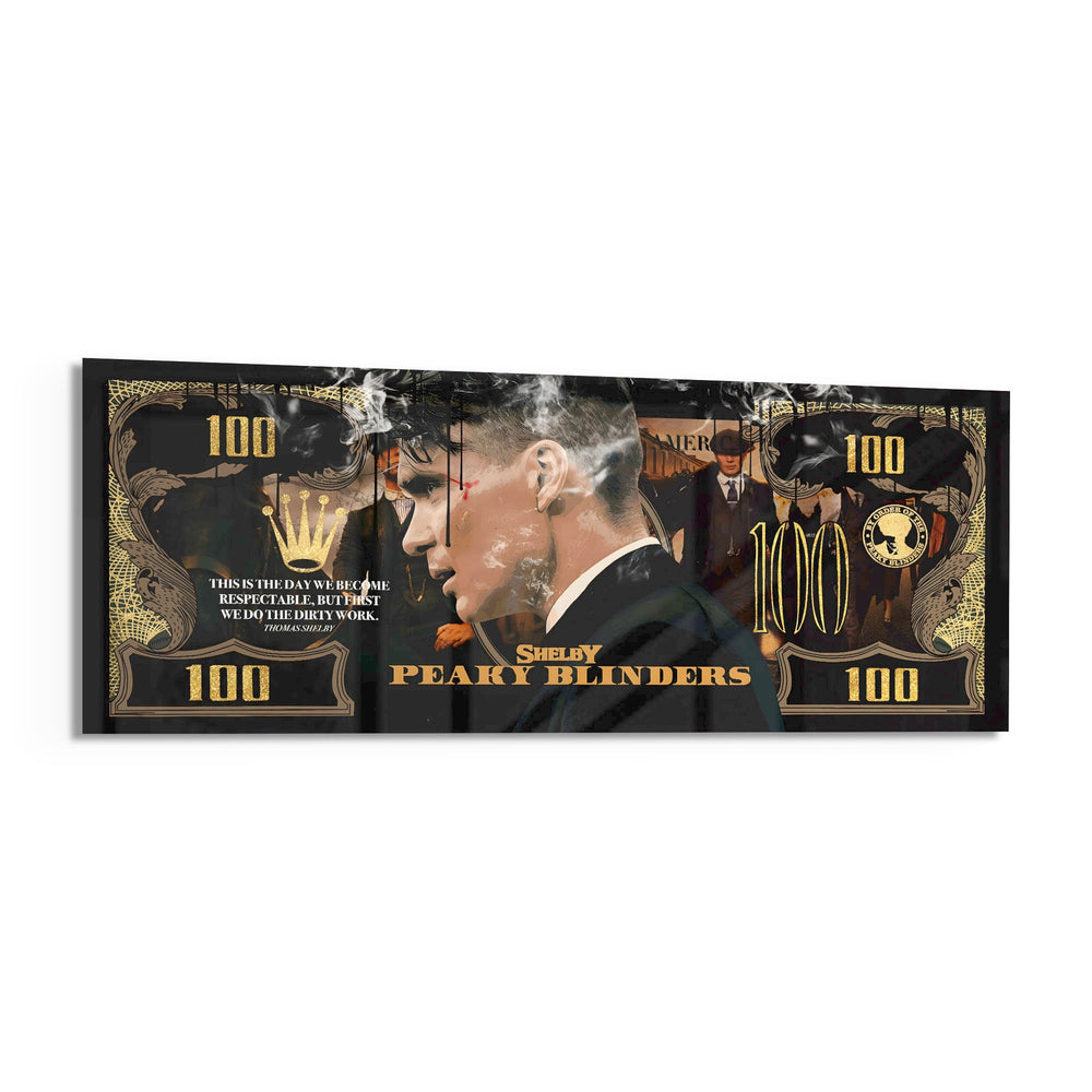 A black-and-gold hundred-dollar note styled as a cinematic collage, with a side-profile portrait of a sharp-suited 1920s gangster smoking a cigarette, curling smoke, and a gold crown motif. panoramic glass wall art F