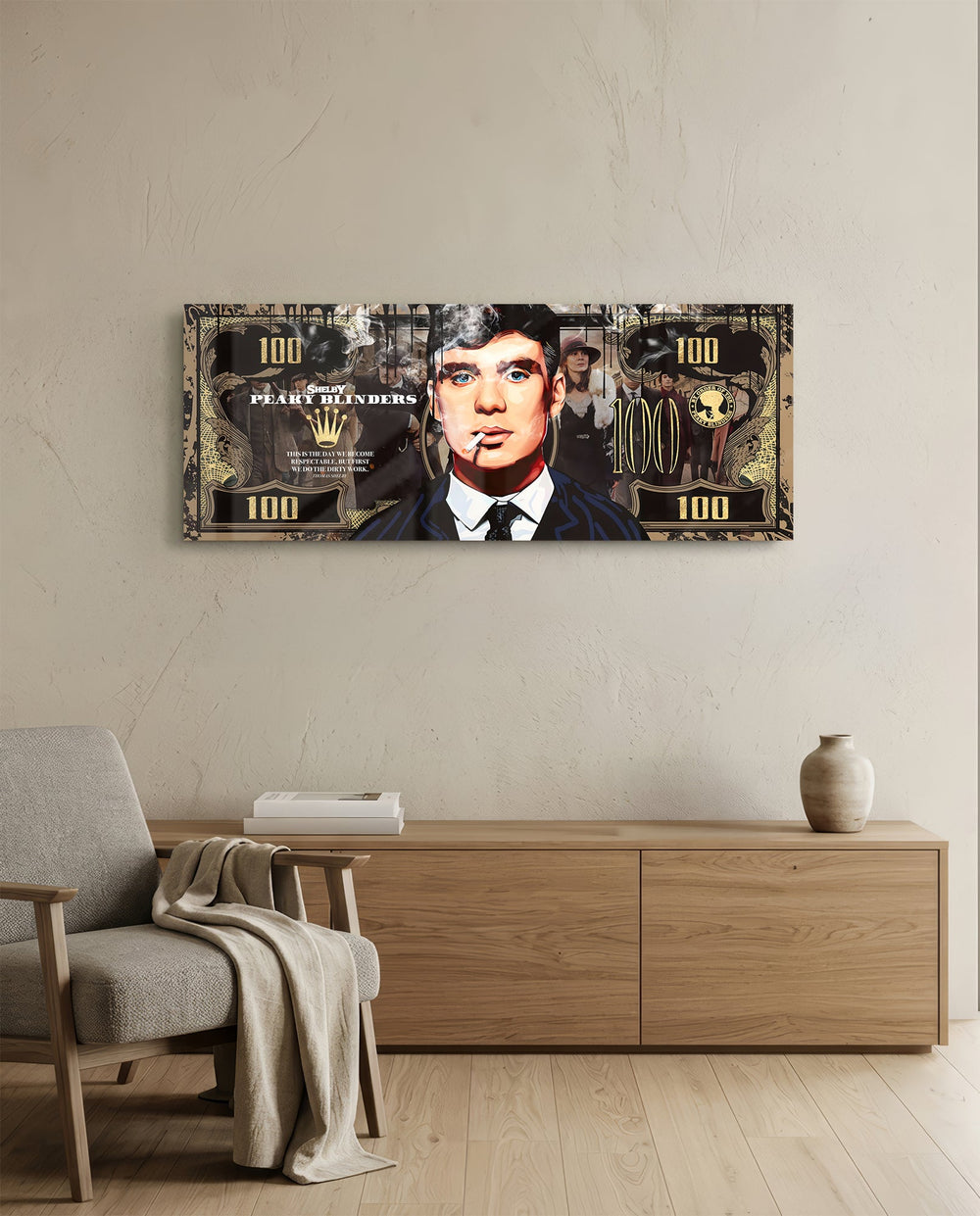 A gold-toned hundred-dollar note styled as a cinematic collage, with a front-facing portrait of a blue-eyed 1920s gangster in a pinstripe suit smoking a cigarette amid drifting smoke. panoramic glass wall art A