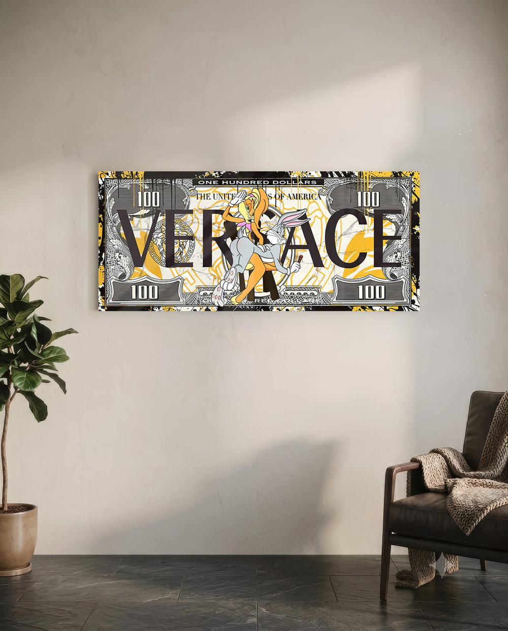 A hundred-dollar note reworked with bold black display lettering over a gold baroque pattern, with two flirtatious cartoon rabbits posed at the center amid yellow paint splashes. panoramic glass wall art C