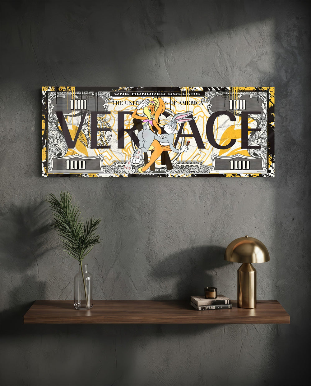 A hundred-dollar note reworked with bold black display lettering over a gold baroque pattern, with two flirtatious cartoon rabbits posed at the center amid yellow paint splashes. panoramic glass wall art D