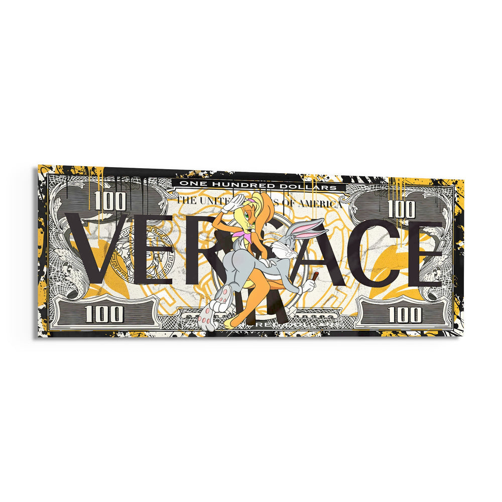 A hundred-dollar note reworked with bold black display lettering over a gold baroque pattern, with two flirtatious cartoon rabbits posed at the center amid yellow paint splashes. panoramic glass wall art F