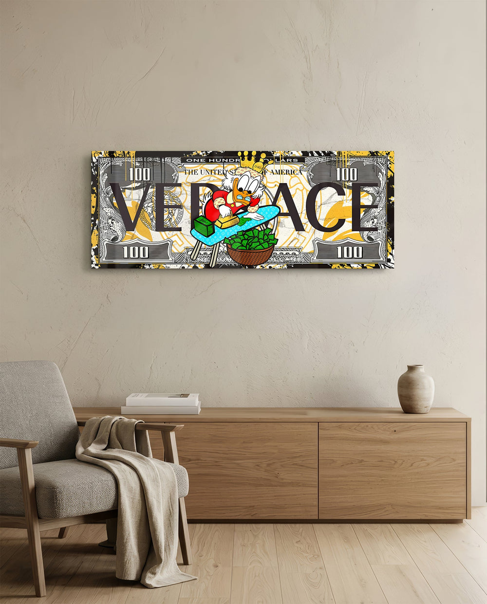 A hundred-dollar note reworked with bold black display lettering over a gold baroque pattern, with a cartoon tycoon in a red patterned jacket ironing stacks of cash into a basket of green bills. panoramic glass wall art A