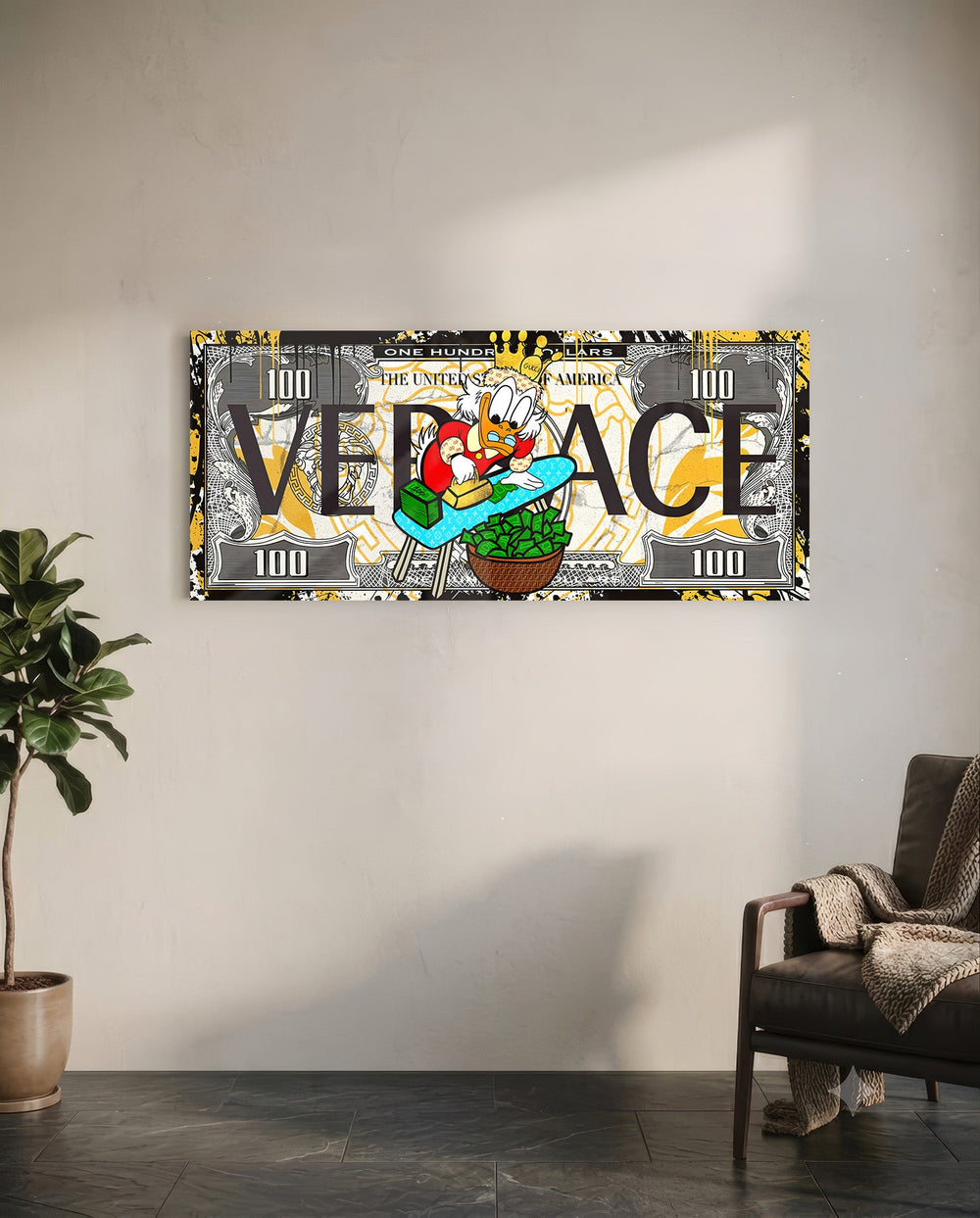 A hundred-dollar note reworked with bold black display lettering over a gold baroque pattern, with a cartoon tycoon in a red patterned jacket ironing stacks of cash into a basket of green bills. panoramic glass wall art C