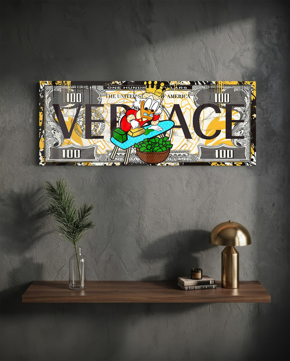 A hundred-dollar note reworked with bold black display lettering over a gold baroque pattern, with a cartoon tycoon in a red patterned jacket ironing stacks of cash into a basket of green bills. panoramic glass wall art D