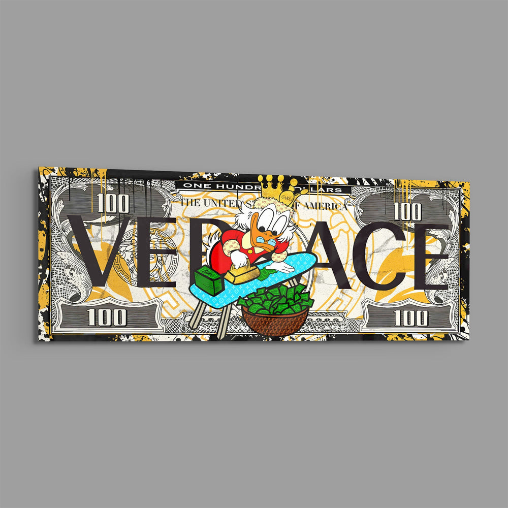 A hundred-dollar note reworked with bold black display lettering over a gold baroque pattern, with a cartoon tycoon in a red patterned jacket ironing stacks of cash into a basket of green bills. panoramic glass wall art E