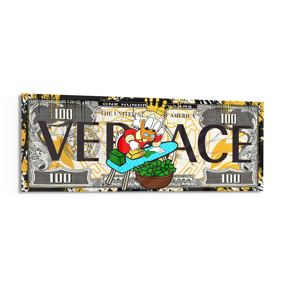 A hundred-dollar note reworked with bold black display lettering over a gold baroque pattern, with a cartoon tycoon in a red patterned jacket ironing stacks of cash into a basket of green bills. panoramic glass wall art F