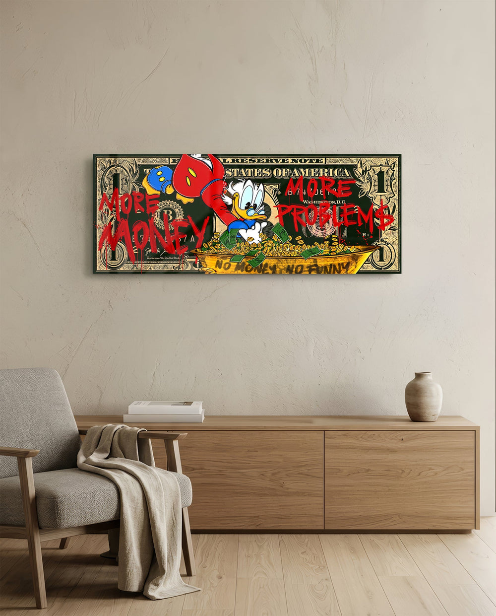 A dark green one-dollar note reworked as pop art, with a cartoon tycoon diving headfirst into a golden tub of coins and cash, surrounded by dripping red graffiti lettering. panoramic glass wall art A