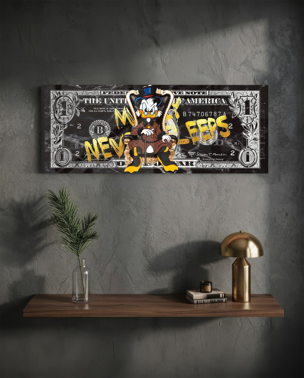 A wealthy top-hat cartoon tycoon lounging on an ornate golden throne over a black marble one-dollar bill. panoramic glass wall art D