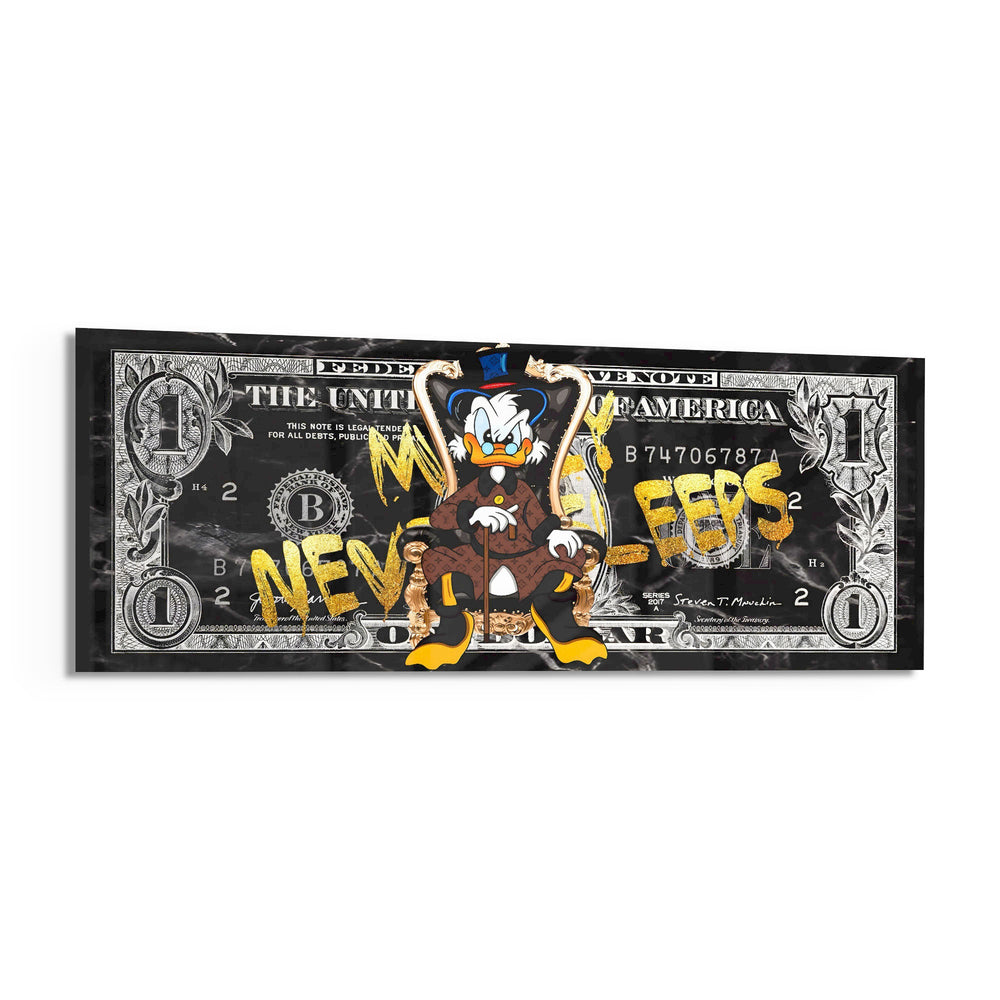 A wealthy top-hat cartoon tycoon lounging on an ornate golden throne over a black marble one-dollar bill. panoramic glass wall art F