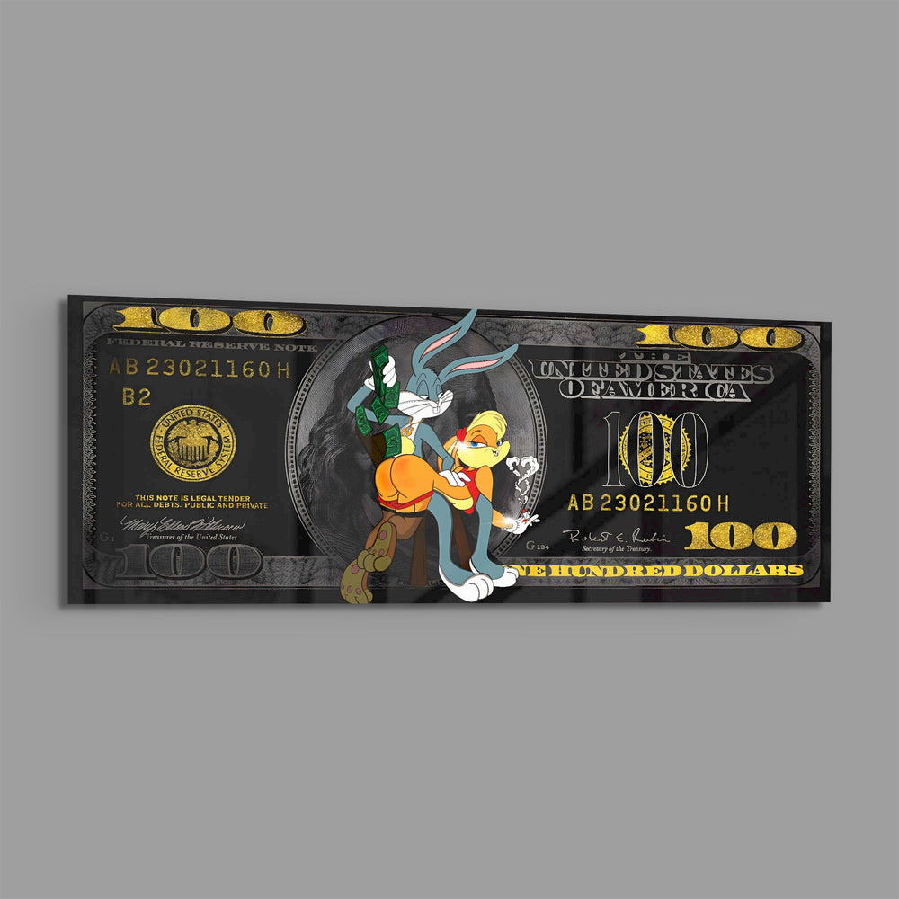 A playful cartoon rabbit couple posed over a black-and-gold one-hundred-dollar bill. panoramic glass wall art E