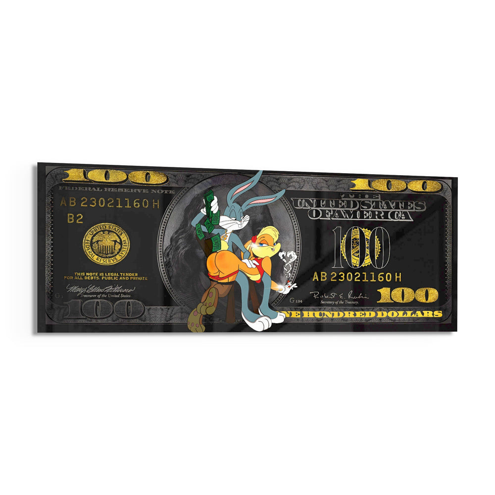 A playful cartoon rabbit couple posed over a black-and-gold one-hundred-dollar bill. panoramic glass wall art F