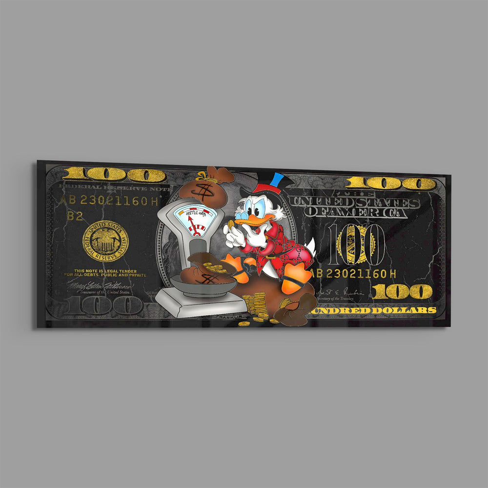 A red-suited cartoon tycoon weighing sacks of gold coins on a vintage scale over a black-and-gold hundred-dollar bill. panoramic glass wall art E