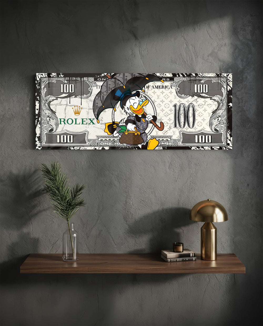 A dapper cartoon tycoon strolling with a black umbrella and a monogram handbag across a white one-hundred-dollar bill. panoramic glass wall art D