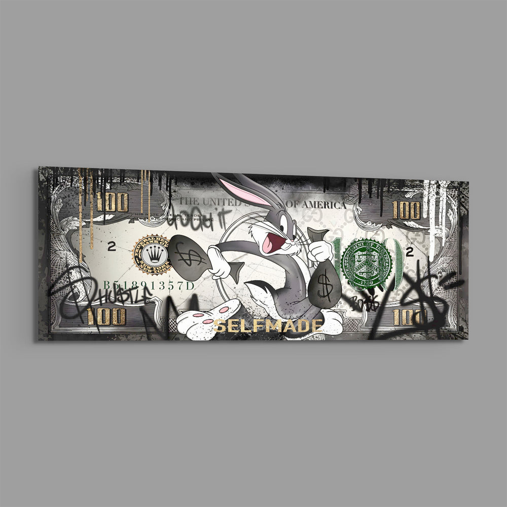 A grinning cartoon rabbit dashing with dollar-sign money bags across a silver-toned hundred-dollar bill. panoramic glass wall art E
