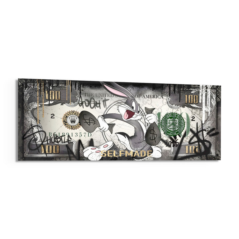 A grinning cartoon rabbit dashing with dollar-sign money bags across a silver-toned hundred-dollar bill. panoramic glass wall art F