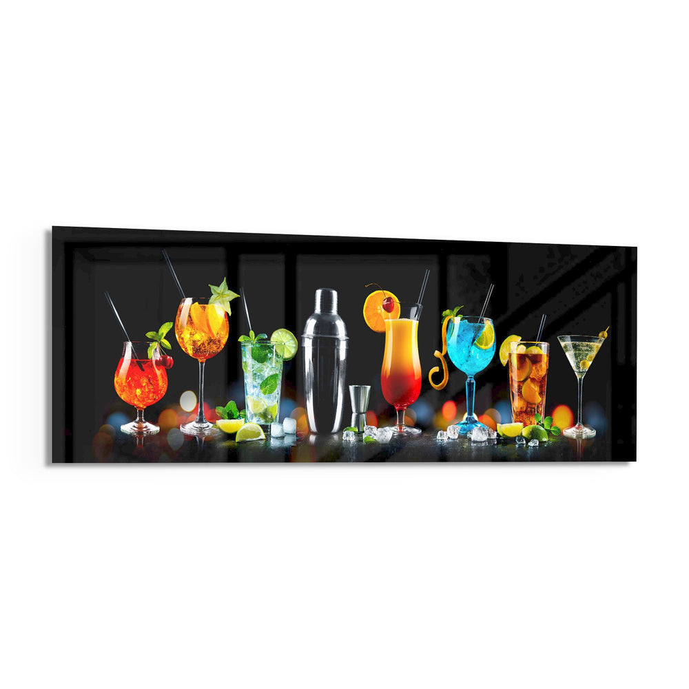 A row of vividly colored cocktails and a silver shaker glowing against a black bar backdrop. panoramic glass wall art F