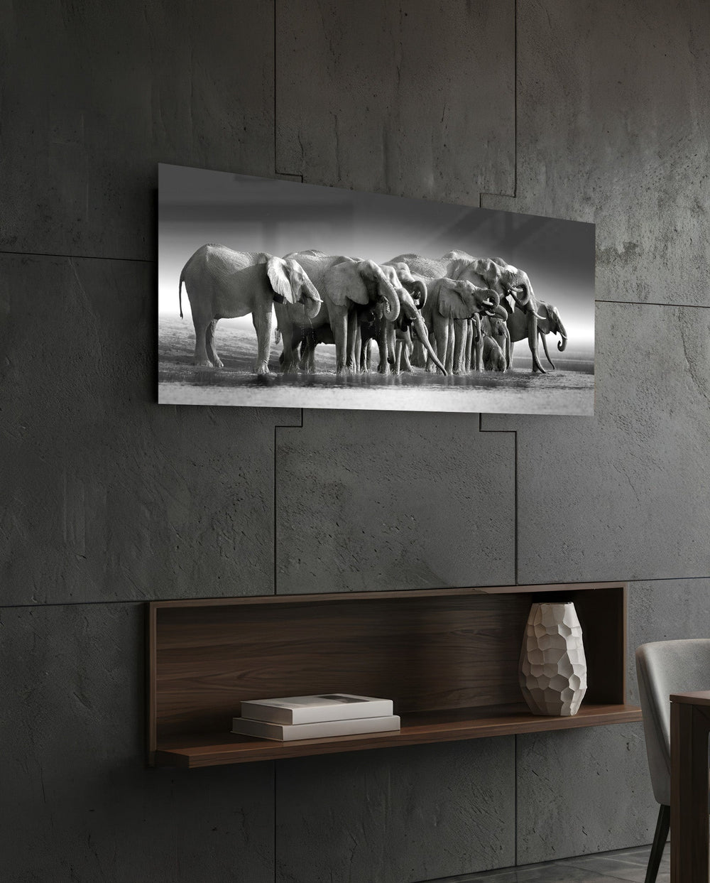 Black and White Elephant Herd Glass Wall Art (36"x14")