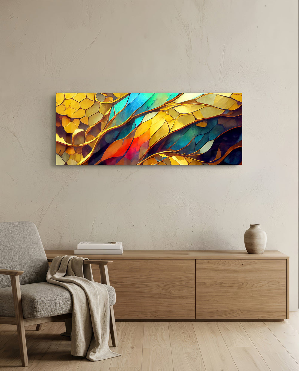 A jewel-toned stained-glass-style mosaic of gold, teal, red and blue panels with gilded veins. panoramic glass wall art A
