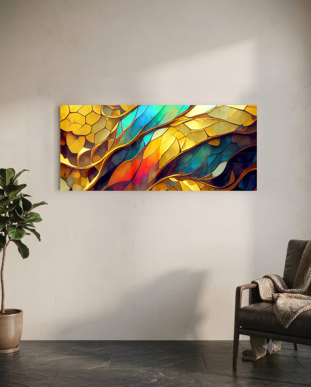 A jewel-toned stained-glass-style mosaic of gold, teal, red and blue panels with gilded veins. panoramic glass wall art C