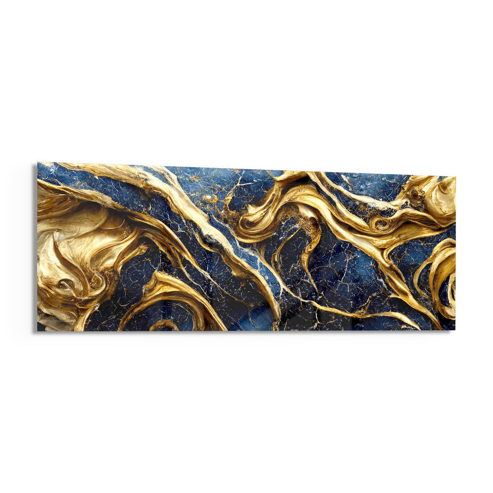 Deep navy marble streaked with thick, swirling rivers of gold. panoramic glass wall art F